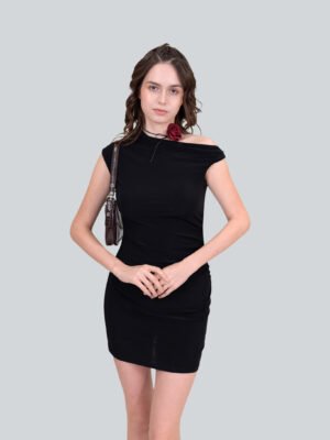 Nerja Off-Shoulder Black Short Dress – Straight Fit Partywear