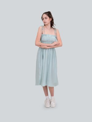 Cologne Textured Midi Strap Dress – Blue & Grey Elegant Wear
