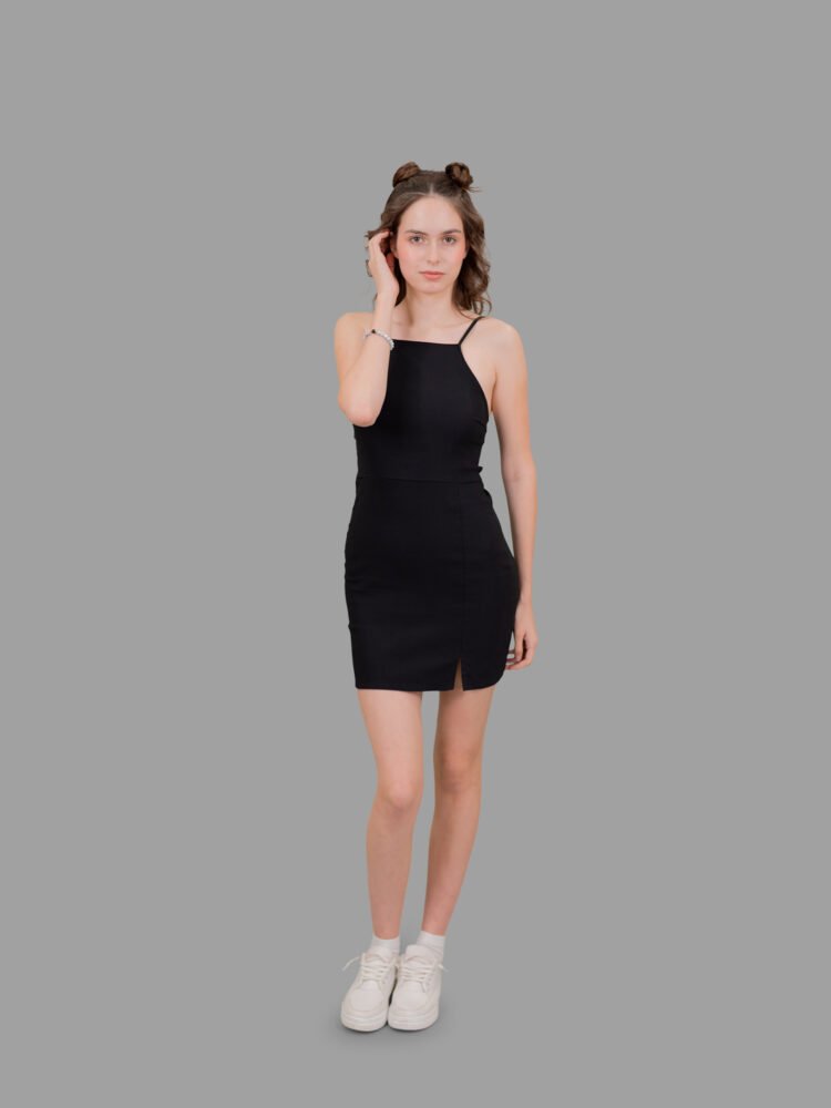 Front Slit Black Strap Dress