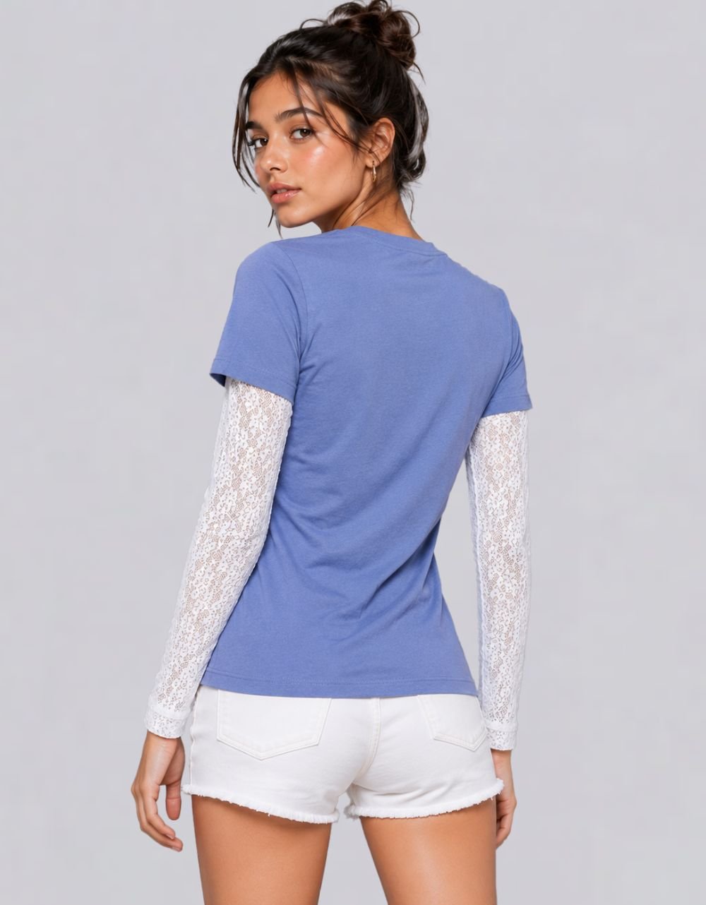Powder Blue Crew Neck Lace Sleeve Inset Everyday Knit T-Shirt