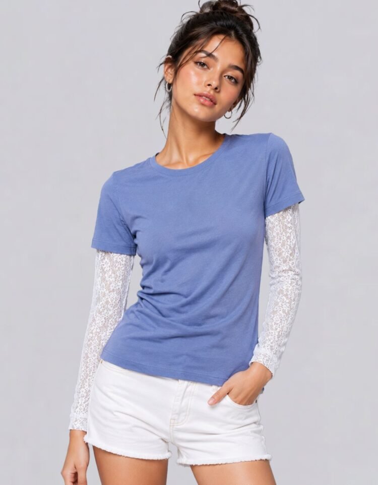 Powder Blue Crew Neck Lace Sleeve Inset Everyday Knit T-Shirt