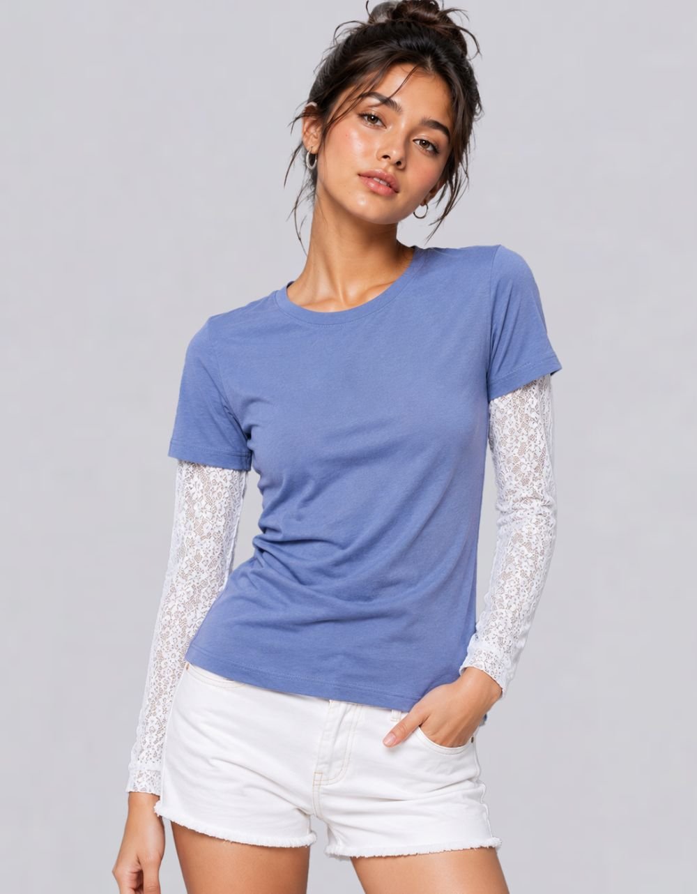 Powder Blue Crew Neck Lace Sleeve Inset Everyday Knit T-Shirt