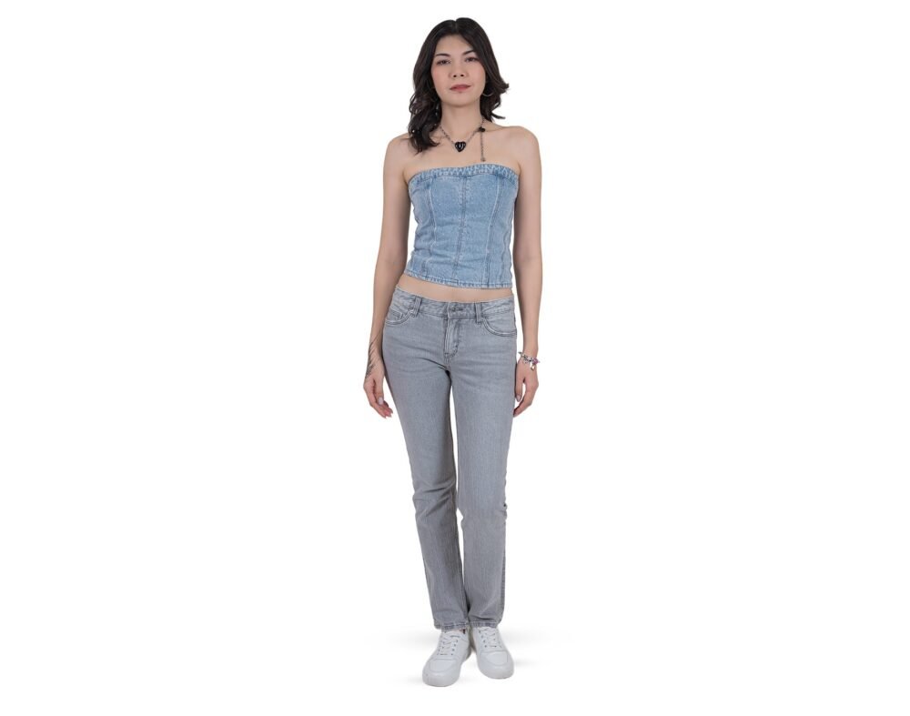 Denim Starpless Top With Rhinestones