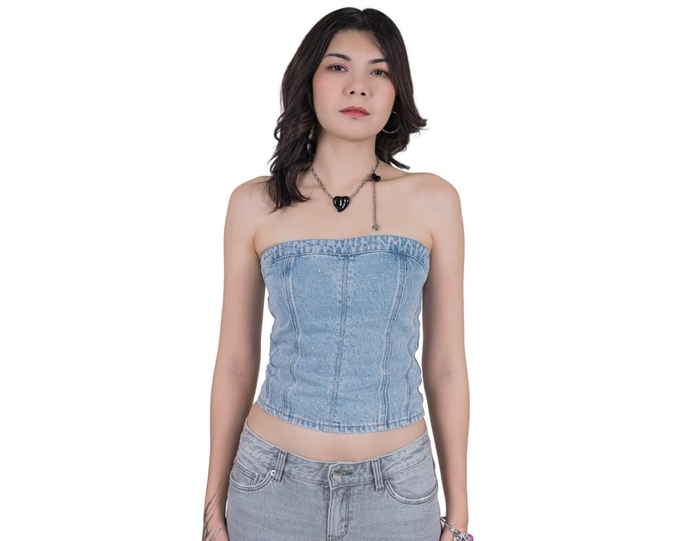 Denim Starpless Top With Rhinestones