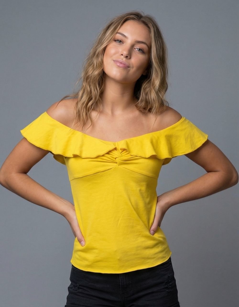 Neck Ruffle Front Twist Top