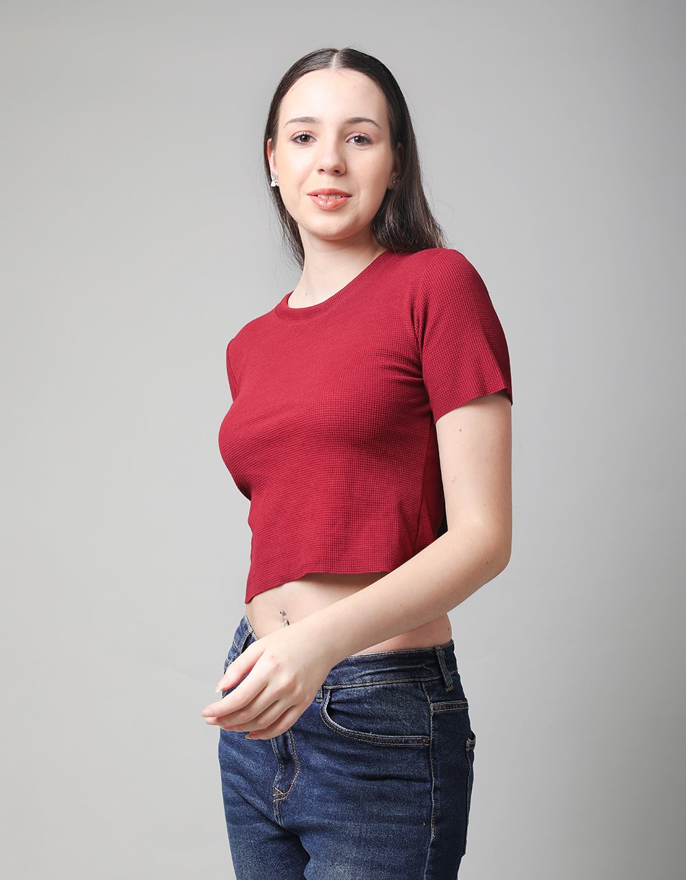 Waffle knit Crew Neck Top