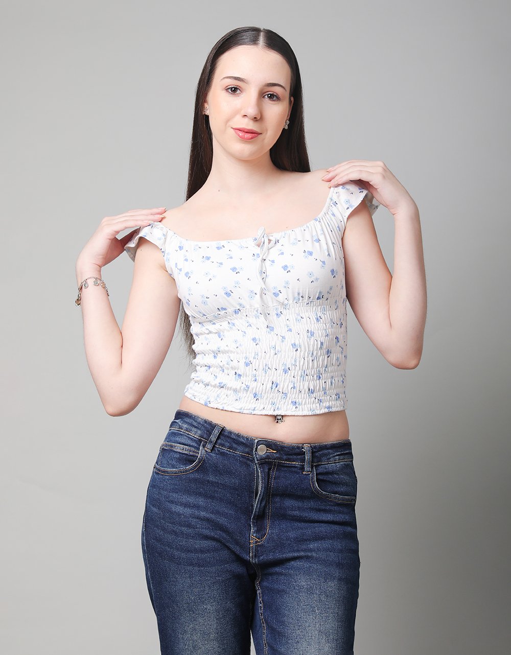 Blue Flore Print Smocked Blouse