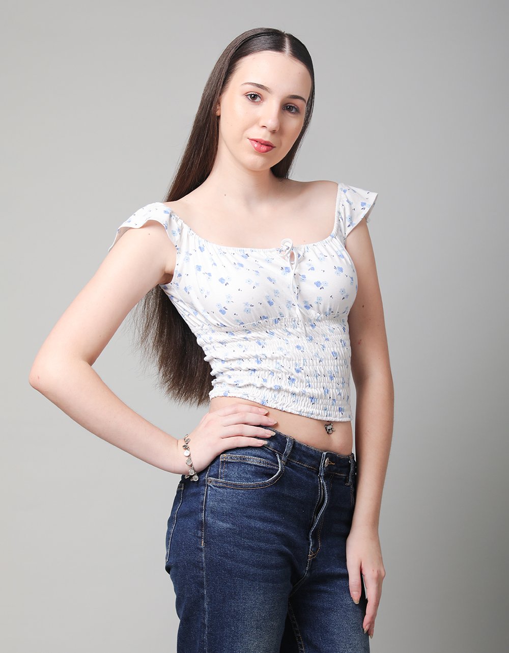 Blue Flore Print Smocked Blouse
