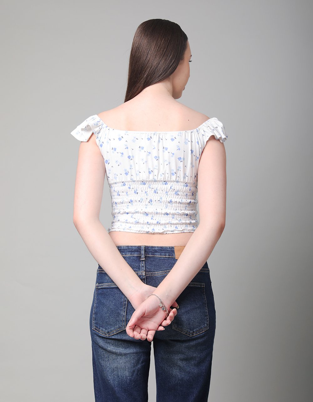 Blue Flore Print Smocked Blouse