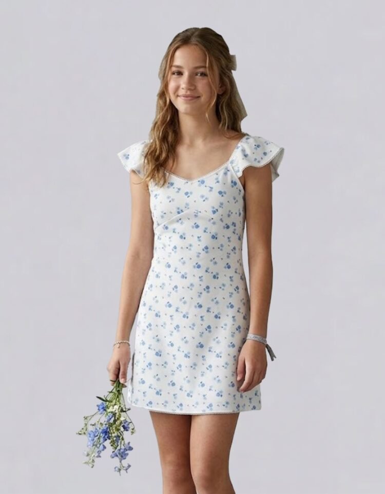 Blue Printed Flutter Sleeve Mini Dress
