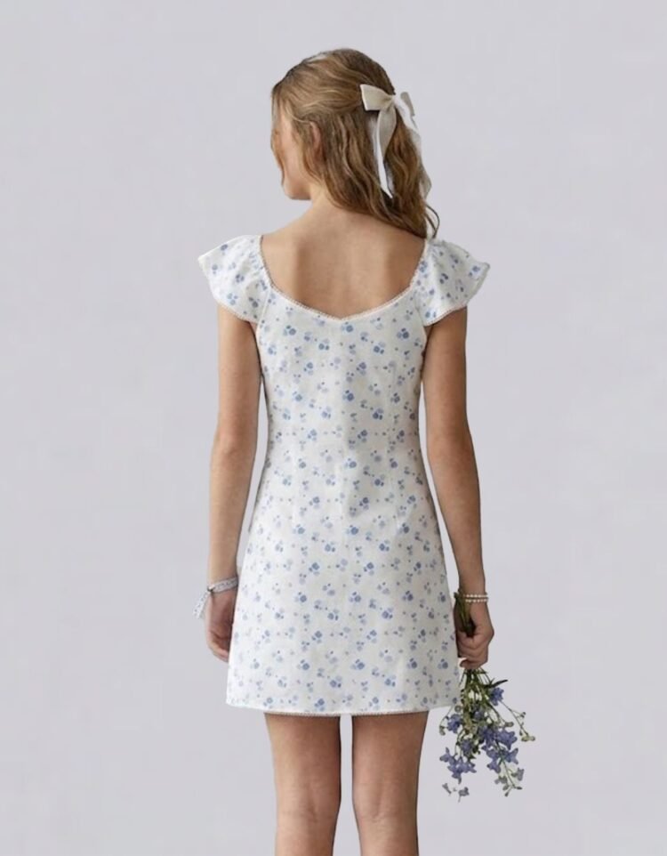 Blue Printed Flutter Sleeve Mini Dress
