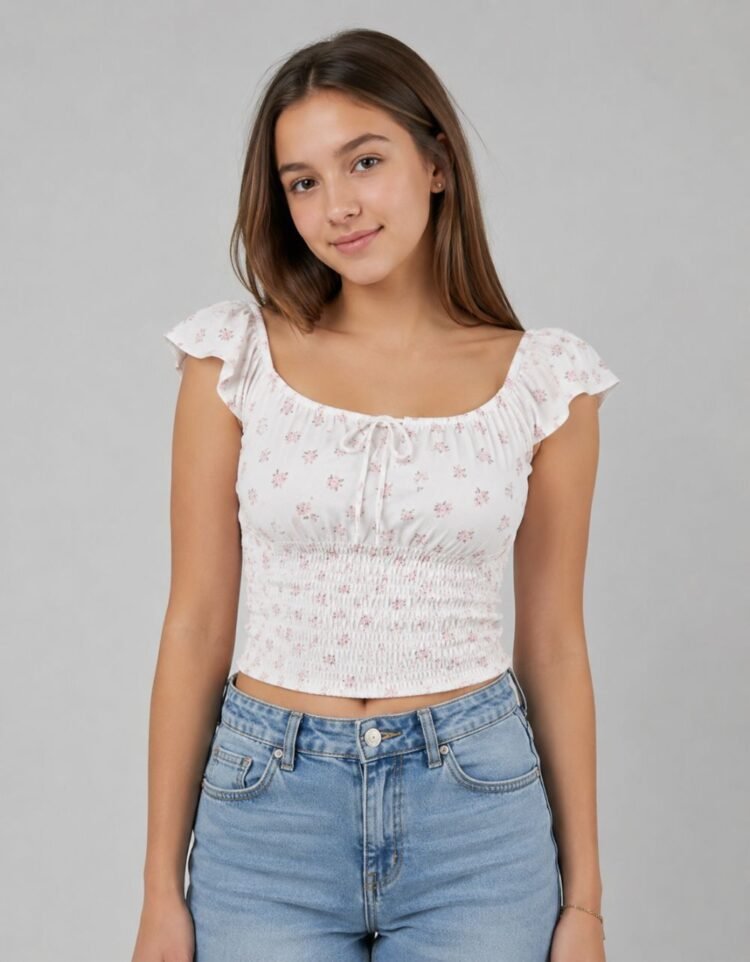 Front Tie Ditsy Floral Ruffle Short Sleeve Top