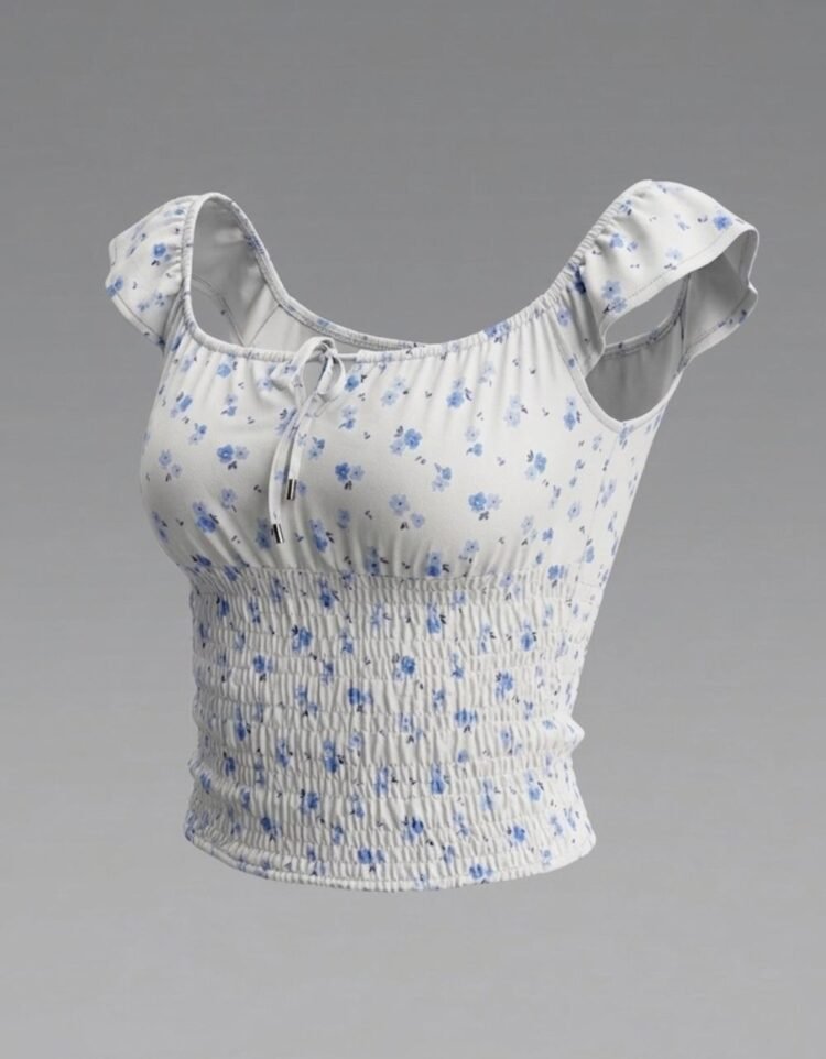 Blue Flore Print Smocked Blouse