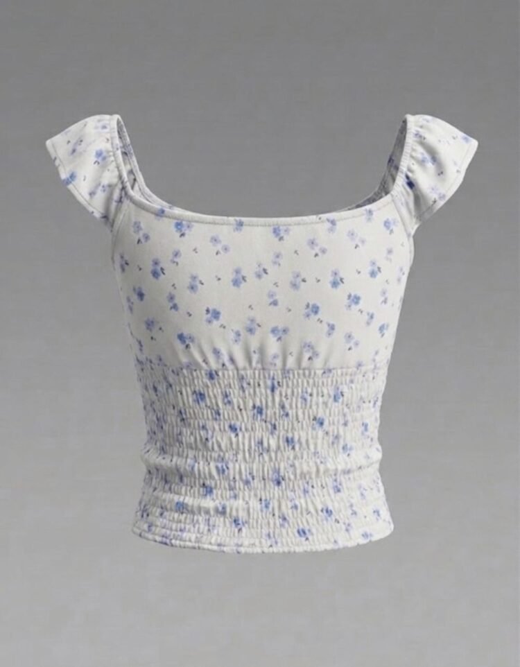 Blue Flore Print Milkmaid Smocked Blouse