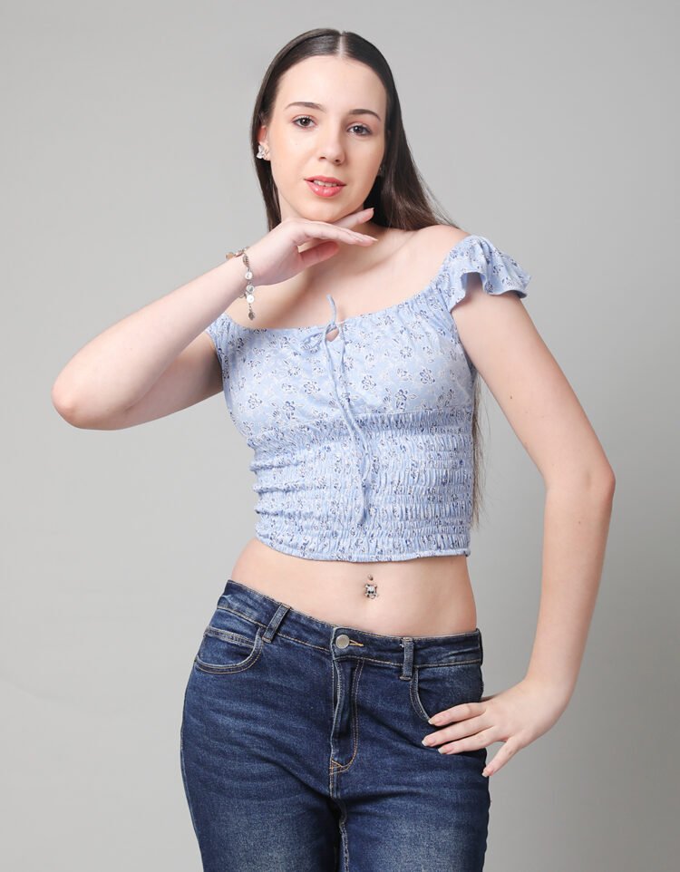 Front Tie Ditsy Floral Ruffle Short Sleeve Top