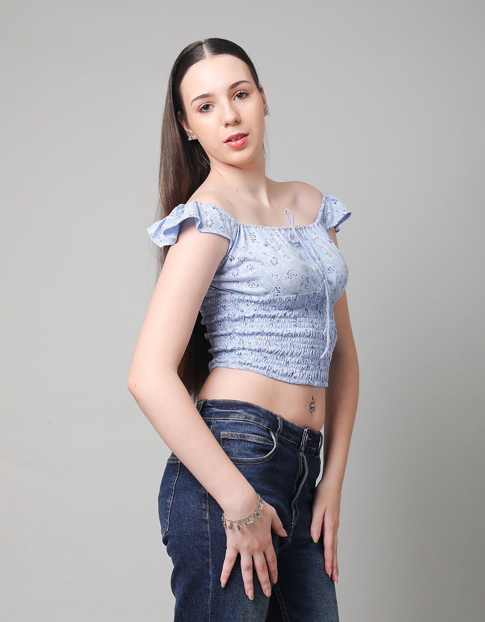 Front Tie Ditsy Floral Ruffle Short Sleeve Top