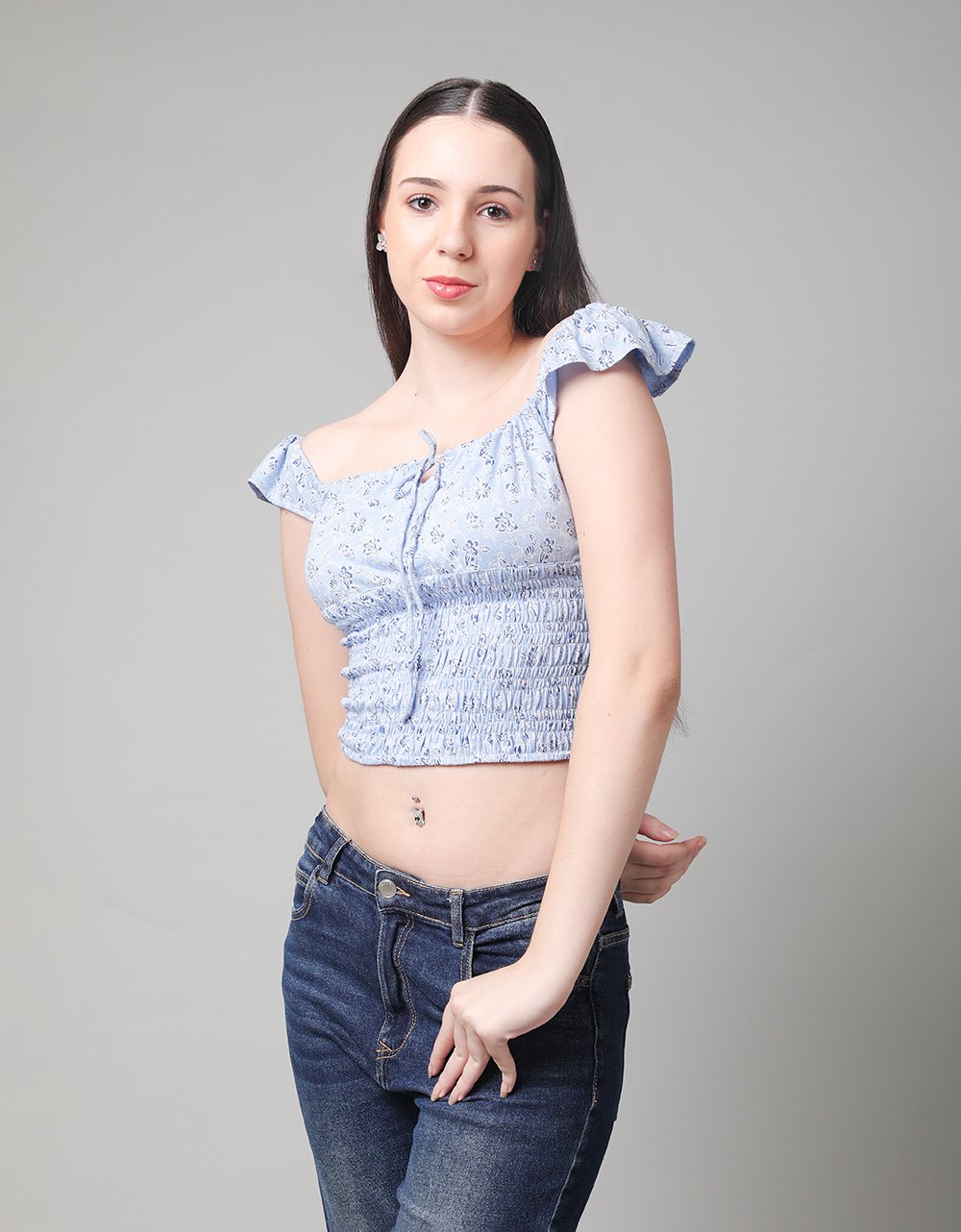 Front Tie Ditsy Floral Ruffle Short Sleeve Top
