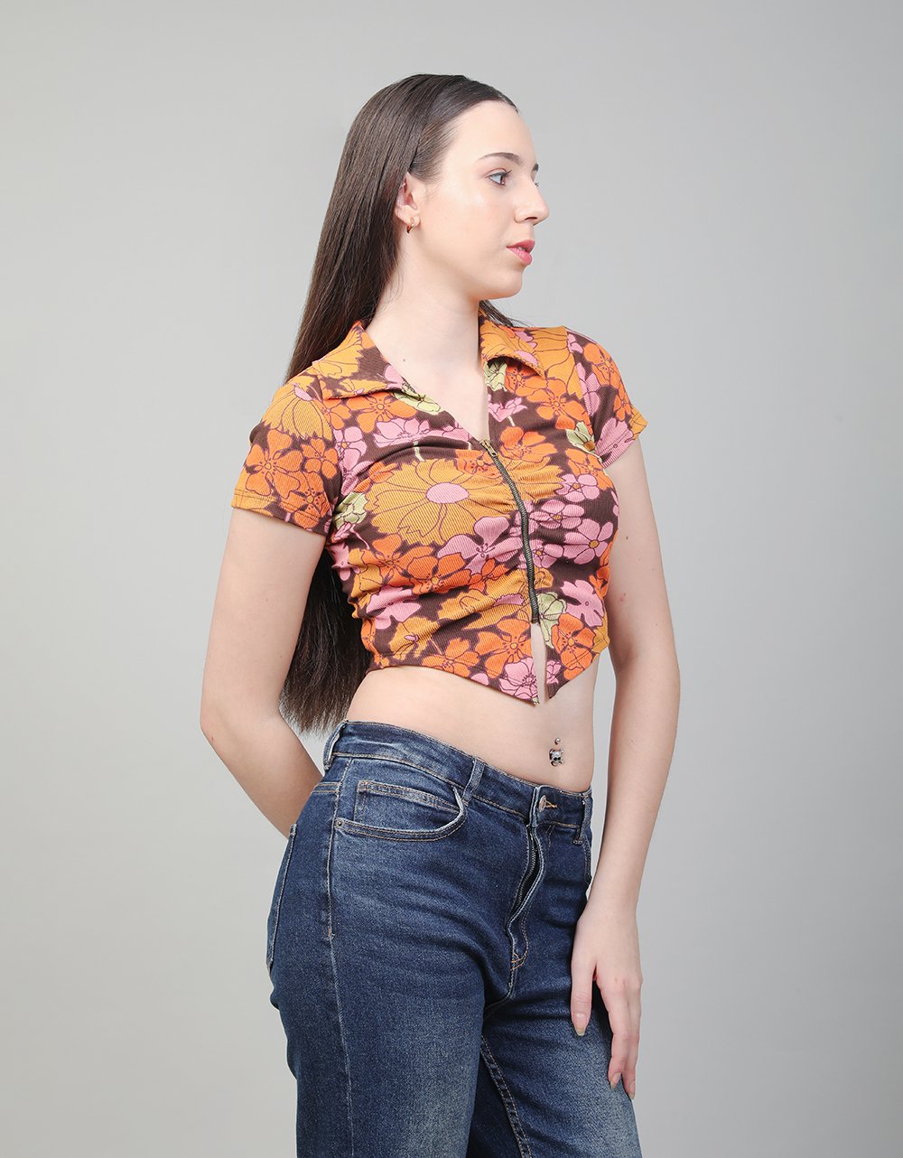 Floral Zip-Up Crop With Collar