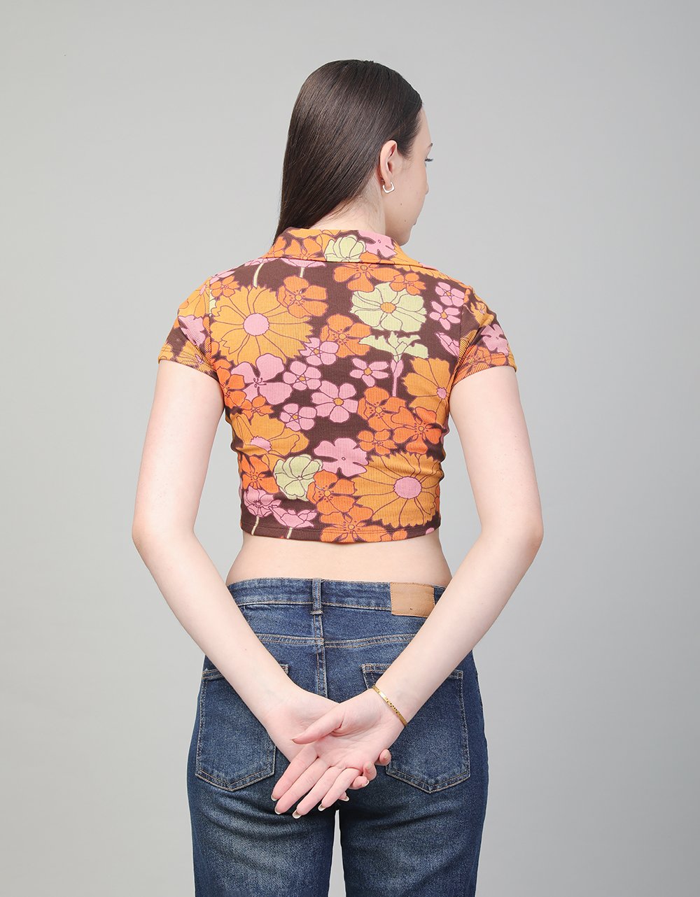 Floral Zip-Up Crop With Collar