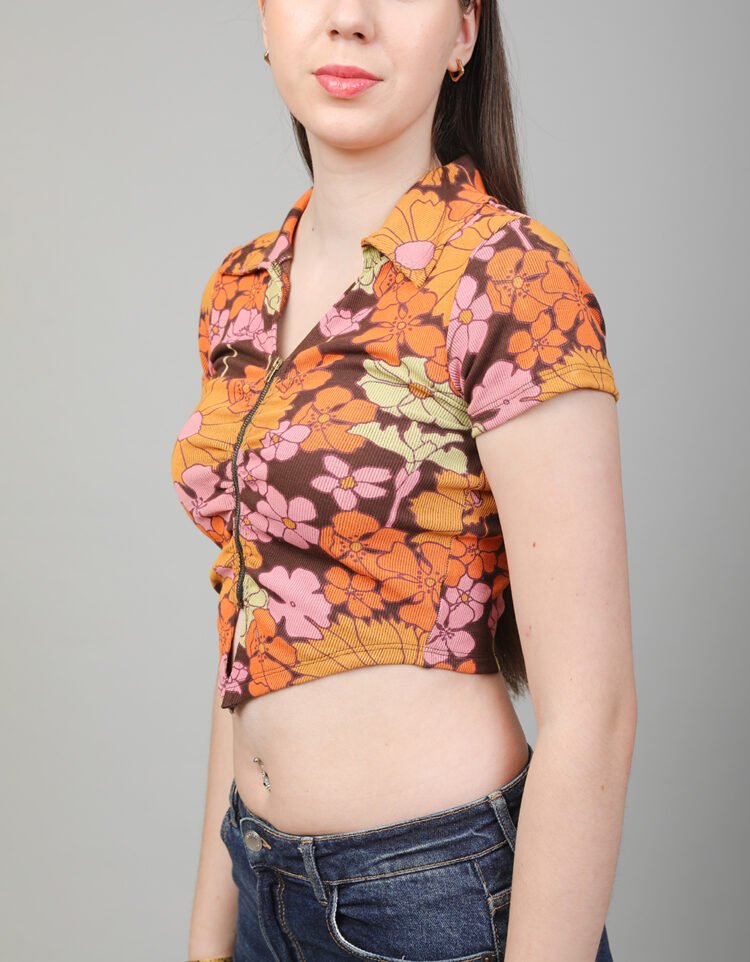 Floral Zip-Up Crop With Collar