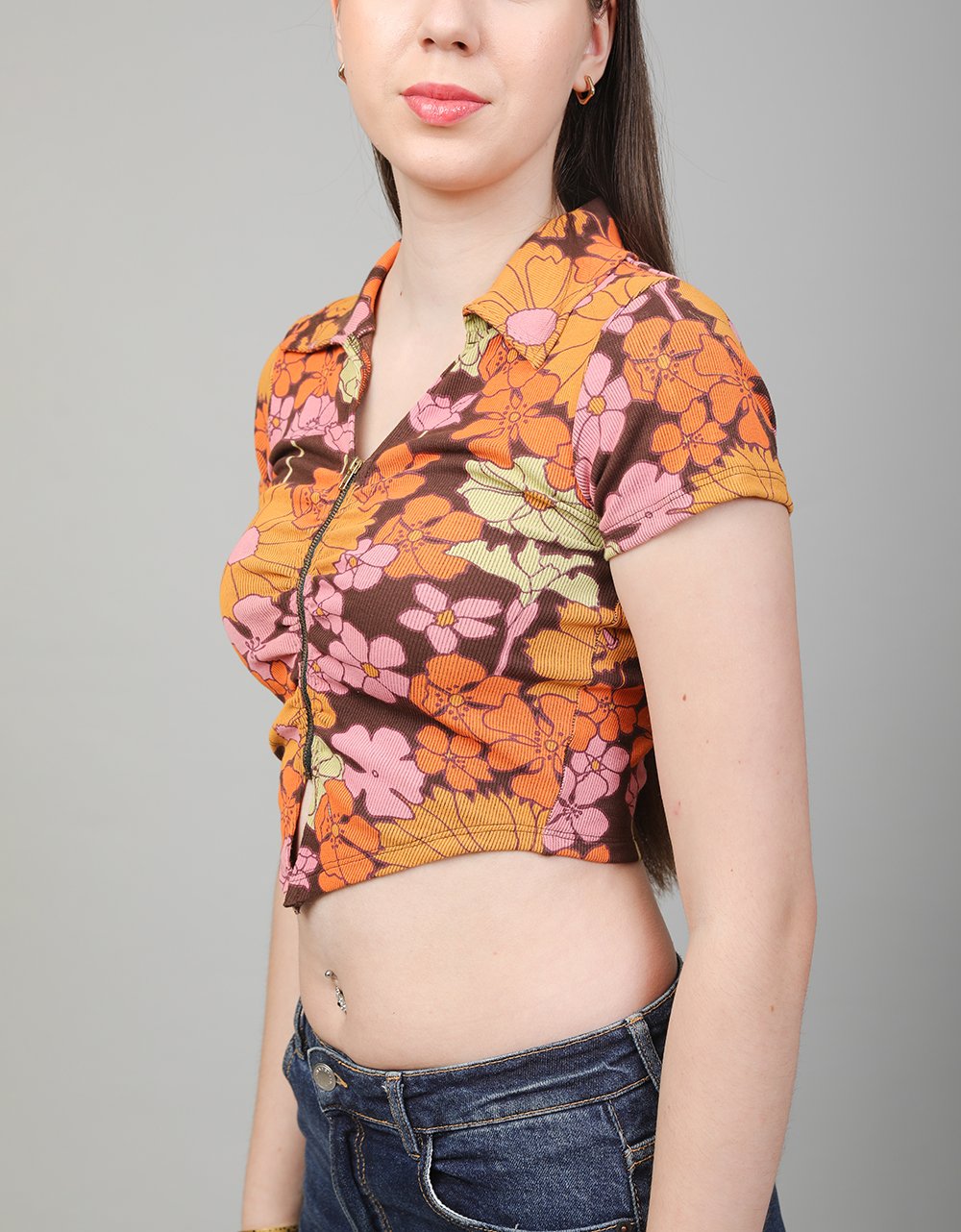 Floral Zip-Up Crop With Collar