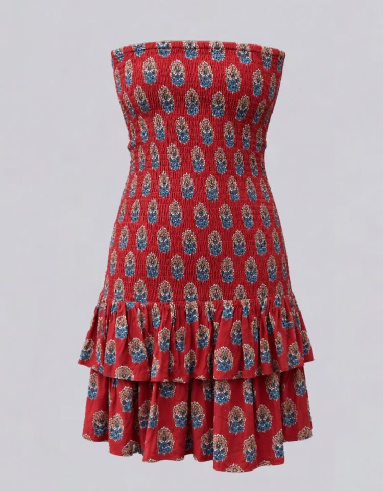 Smocked Block Printed Tube Dress