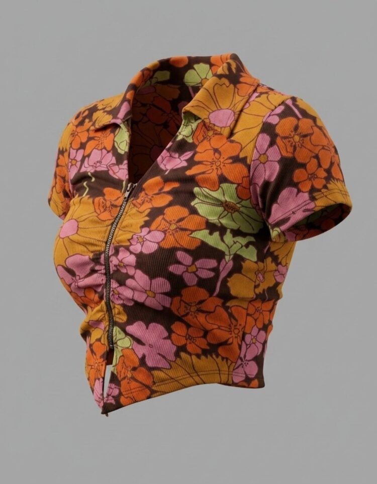 Floral Zip-Up Crop With Collar