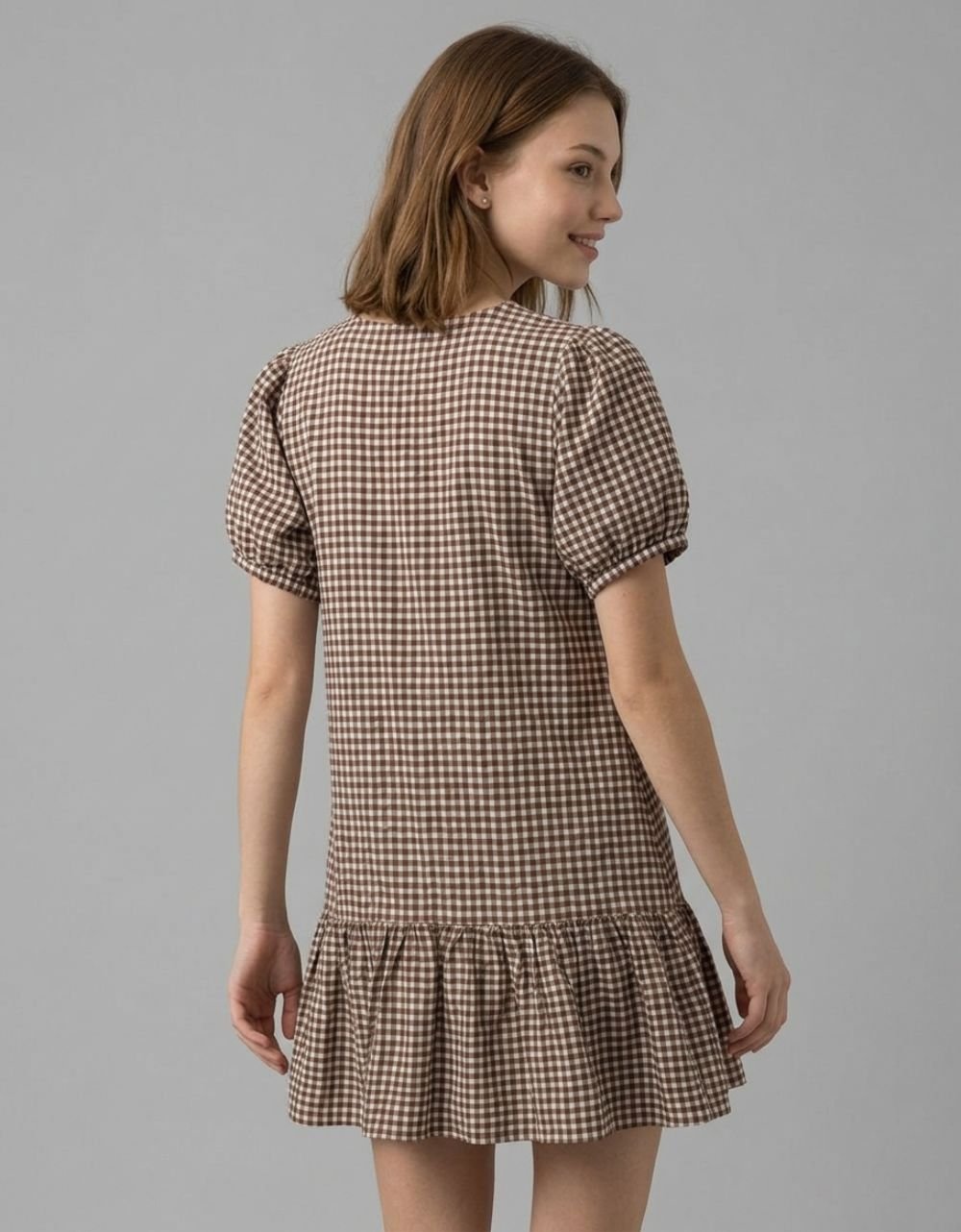 Brown White Gingham Check Dress