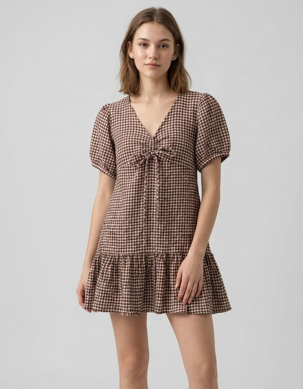 Brown White Gingham Check Dress