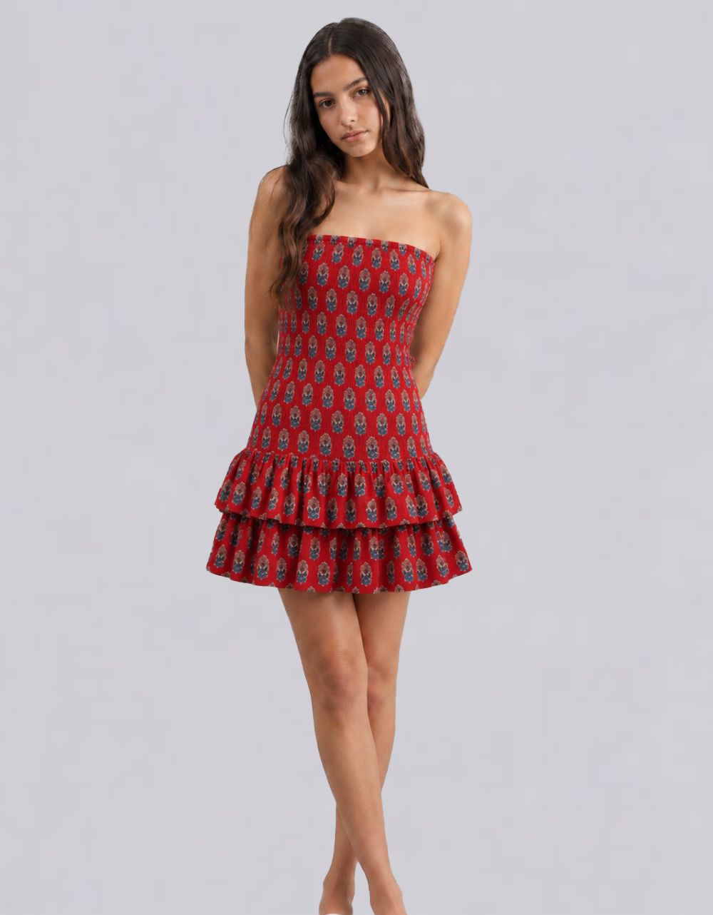 Smocked Block Printed Tube Dress