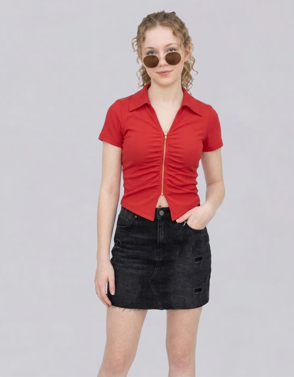 Floral Zip-Up Crop With Collar