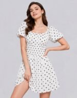 Black and White Polka Smocked Puff Sleeves Cotton Dress