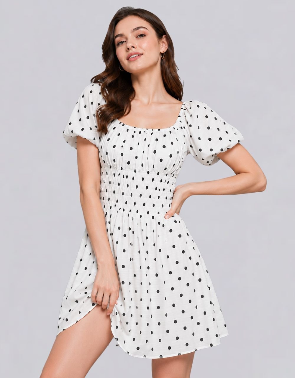 Black and White Polka Smocked Puff Sleeves Cotton Dress