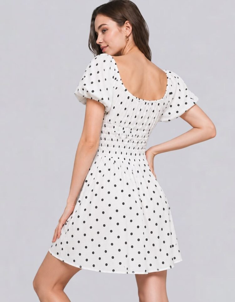 Black and White Polka Smocked Puff Sleeves Cotton Dress
