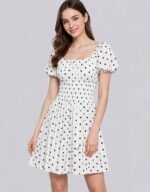 Black and White Polka Smocked Puff Sleeves Cotton Dress