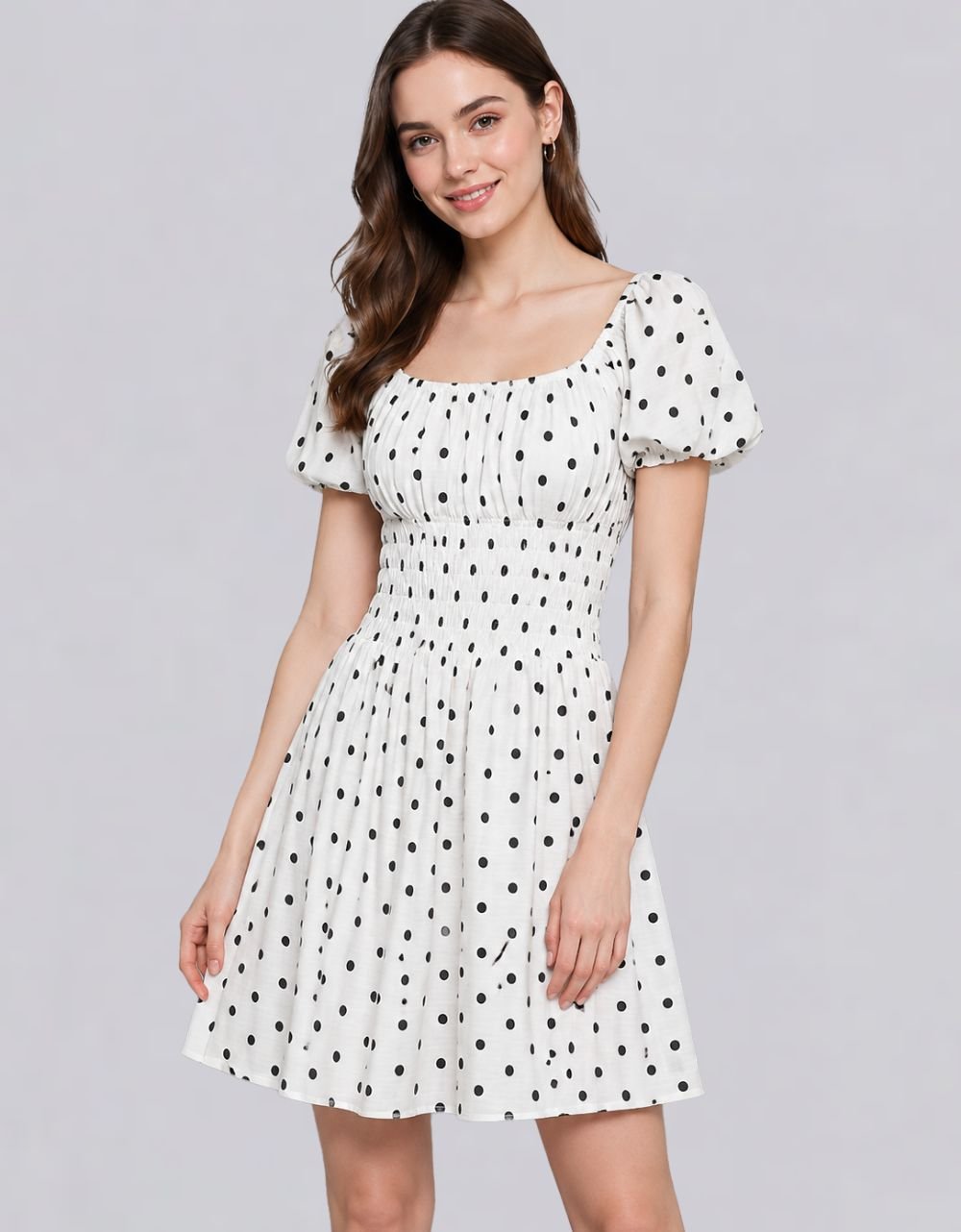Black and White Polka Smocked Puff Sleeves Cotton Dress