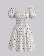 Black and White Polka Smocked Puff Sleeves Cotton Dress