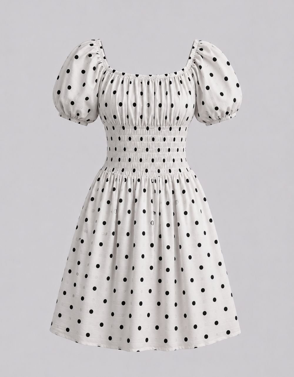 Black and White Polka Smocked Puff Sleeves Cotton Dress