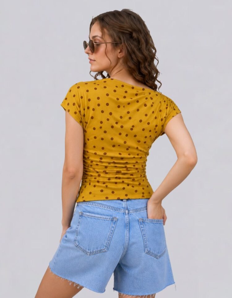 Mustard Yellow polka Dot off Shoulder Drape Neckline Cotton Top