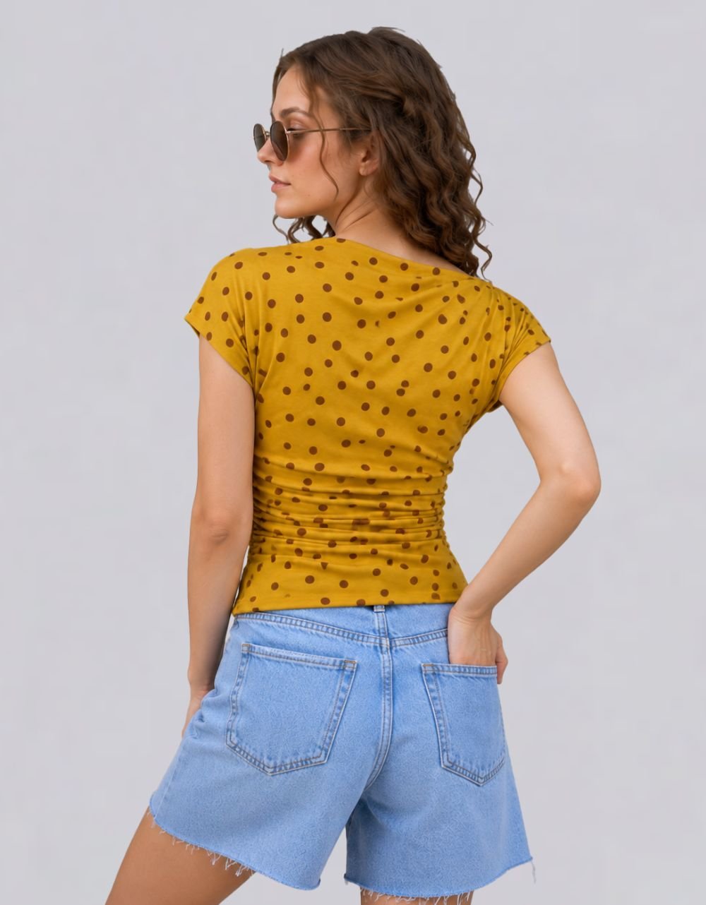 Mustard Yellow polka Dot off Shoulder Drape Neckline Cotton Top