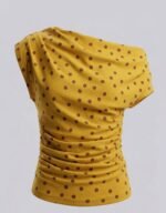 Mustard Yellow polka Dot off Shoulder Drape Neckline Cotton Top