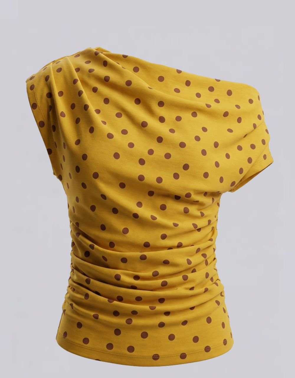 Mustard Yellow polka Dot off Shoulder Drape Neckline Cotton Top