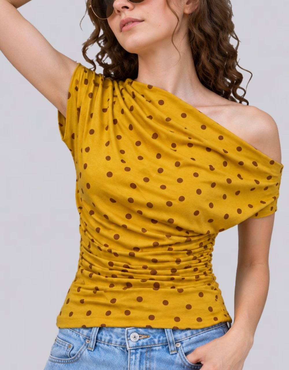 Mustard Yellow polka Dot off Shoulder Drape Neckline Cotton Top