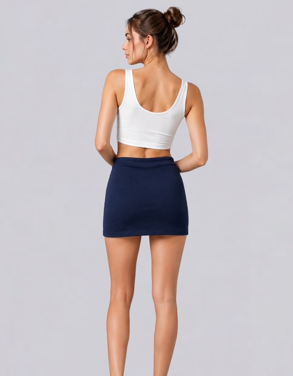 Navy Blue Drawstring Cotton Knit Mini Skort