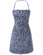 Blue Floral Halter Neck Ruched Summer Dress