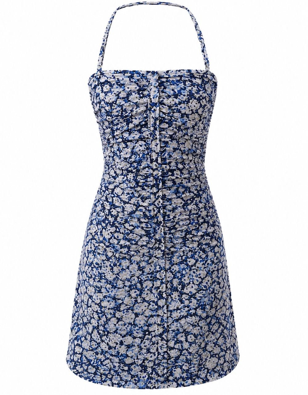 Blue Floral Halter Neck Ruched Summer Dress
