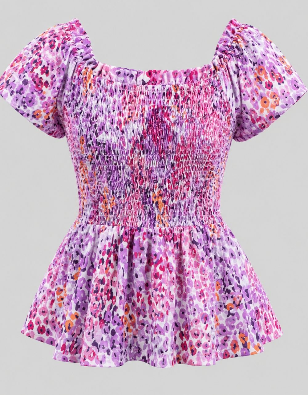 Purple Floral Smocked Peplum Knit Top