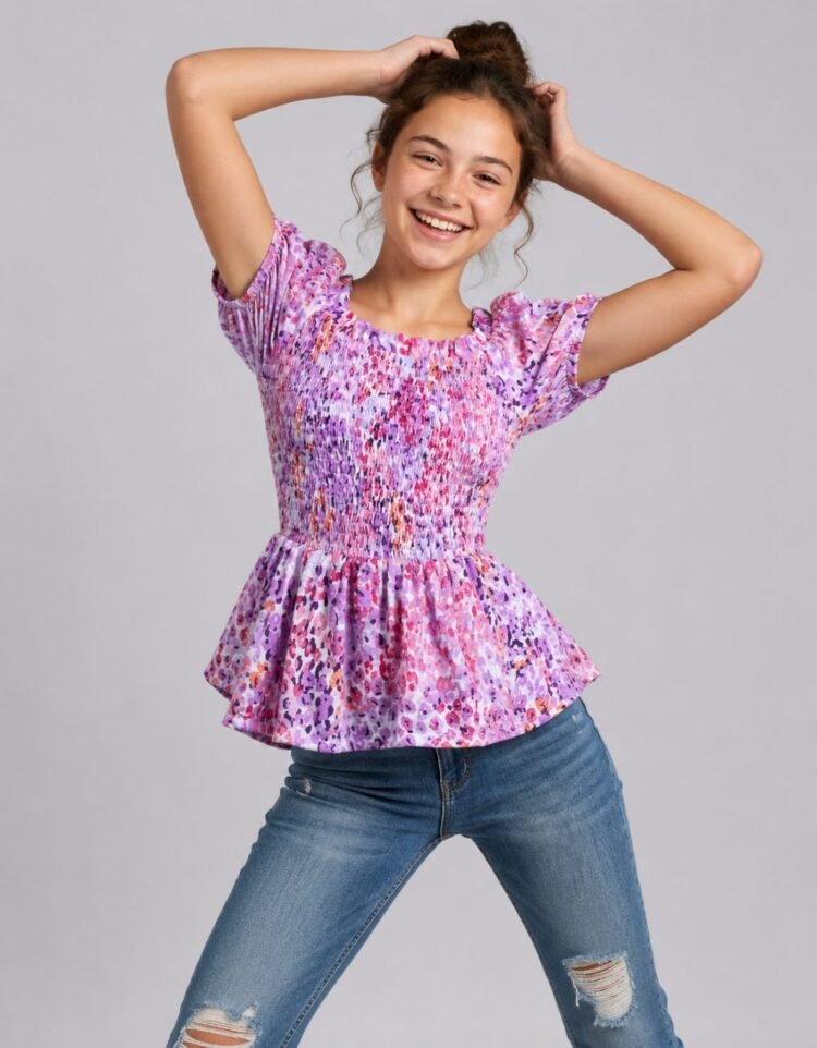 Purple Floral Smocked Peplum Knit Top
